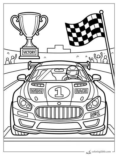 Front-view number 1 race car with driver, trophy, cheering fans, and checkered flag