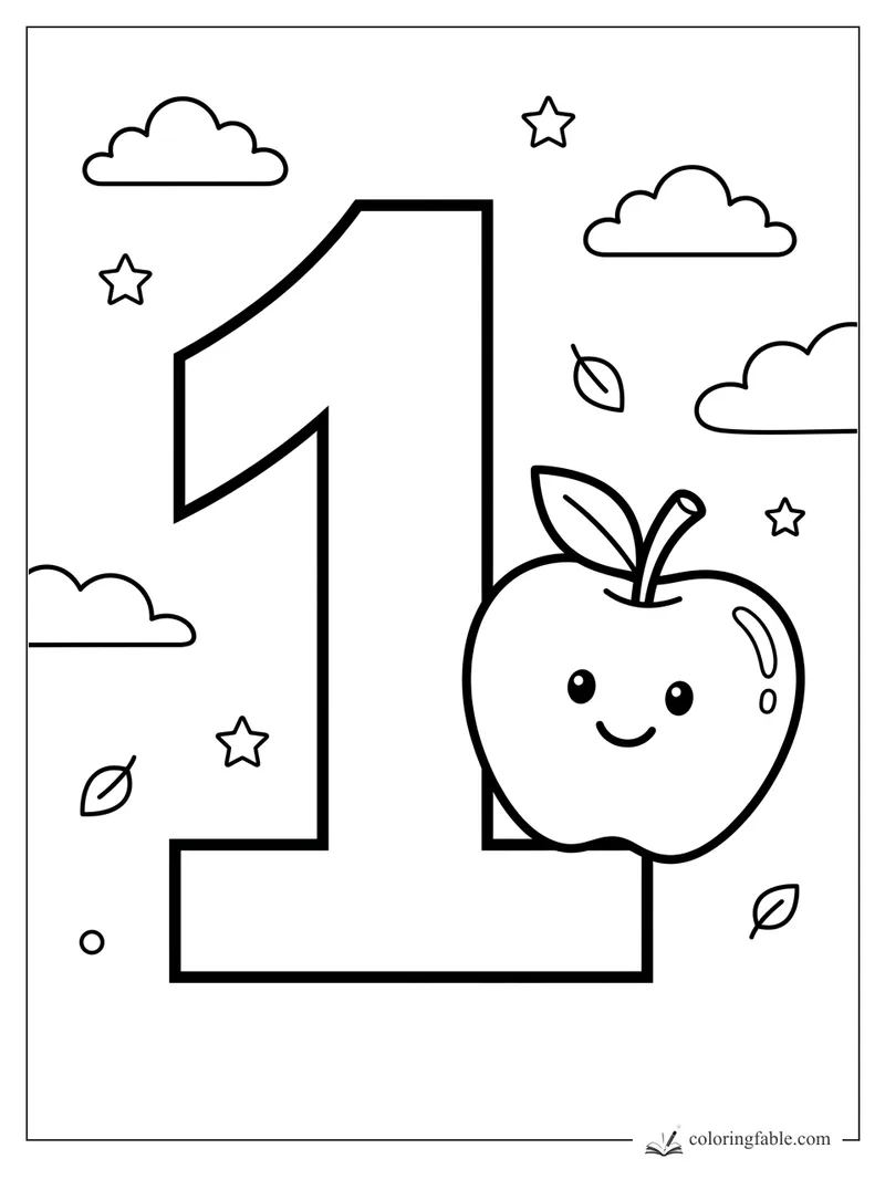 Bold number 1 coloring page with smiling apple, clouds, stars, and falling leaves