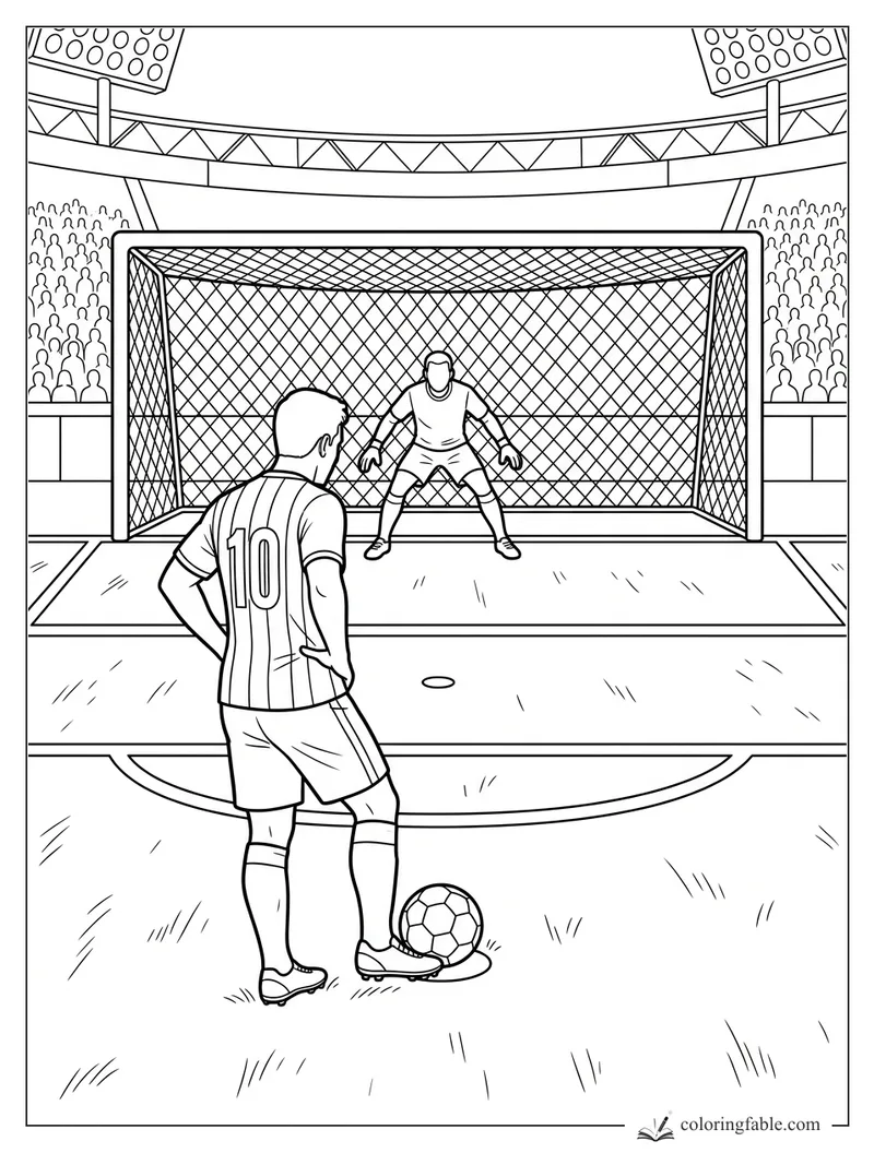 Soccer player number 10 prepares a penalty kick against a goalkeeper in a stadium goal.