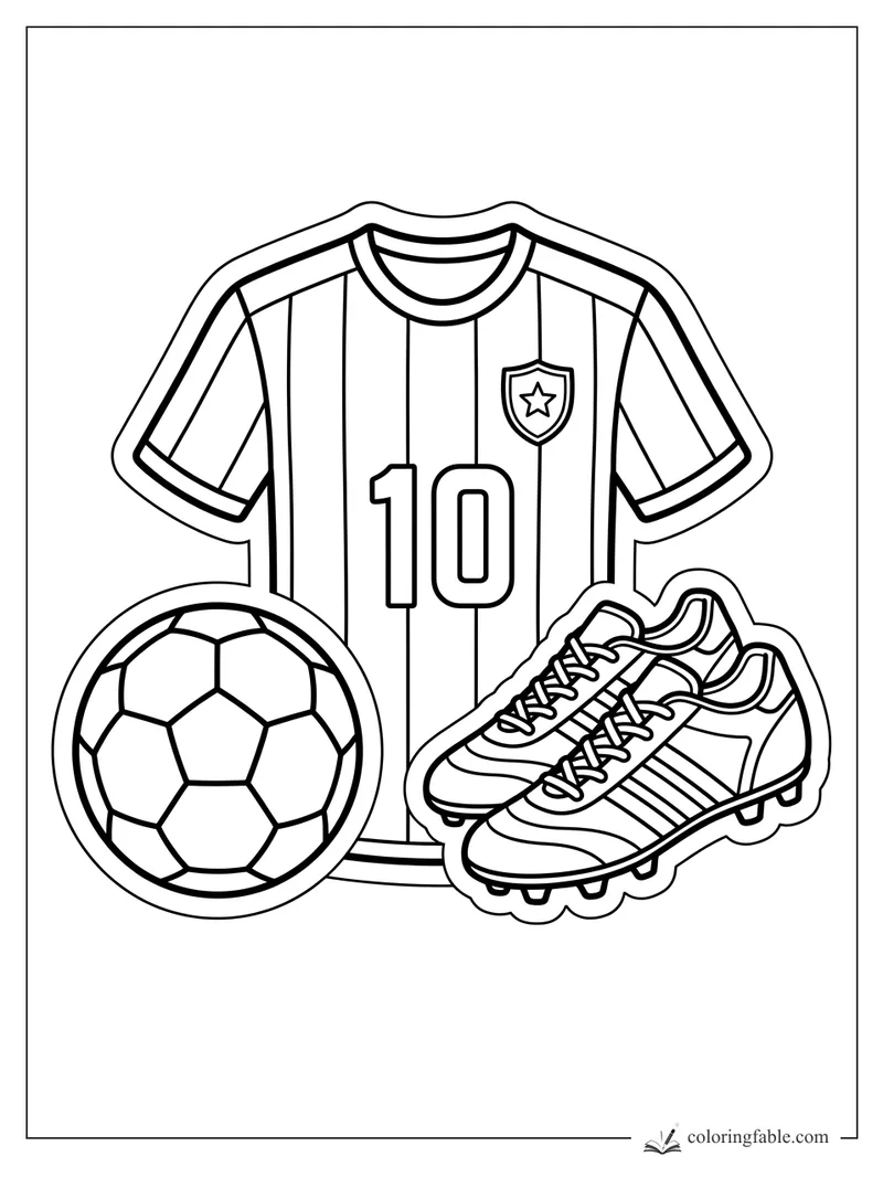 Sticker-style soccer jersey number 10 with striped shirt, star crest, ball, and cleats