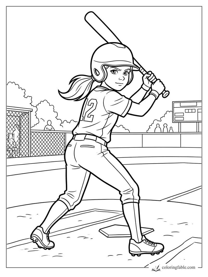 Girl batter wearing number 12 raises her bat at home plate with a scoreboard and fence behind her.