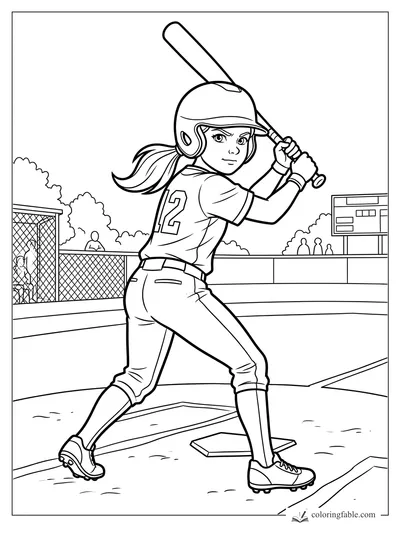 Girl batter wearing number 12 raises her bat at home plate with a scoreboard and fence behind her.