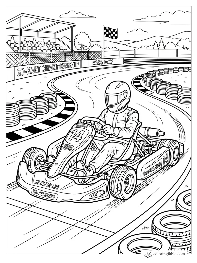 Number 14 go-kart driver on a curved race day track with tire barriers, grandstand, and checkered flag.