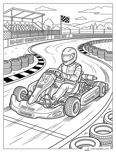Number 14 go-kart driver on a curved race day track with tire barriers, grandstand, and checkered flag.