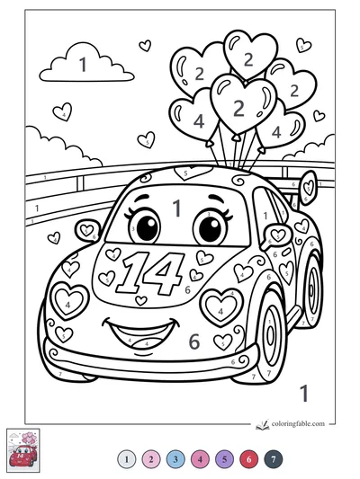 Number 14 Race Car with Heart Balloons — color by number