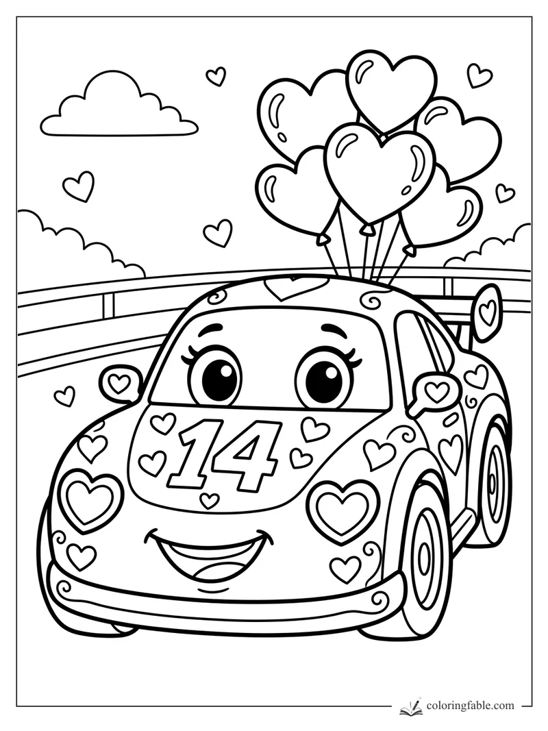 Kawaii number 14 race car covered in hearts with heart balloons on a curved track