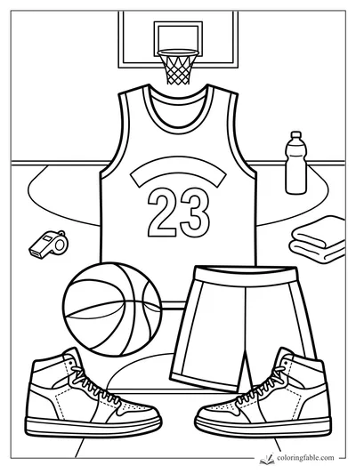 Basketball jersey number 23, shorts, sneakers, ball, whistle, towel, bottle, and hoop coloring page
