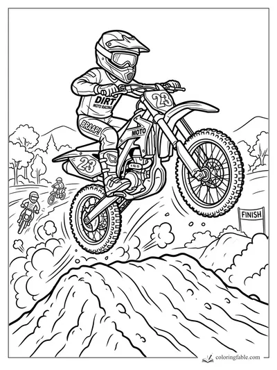 Cartoon motocross rider 23 jumps a dirt bike over a hill near a finish sign.