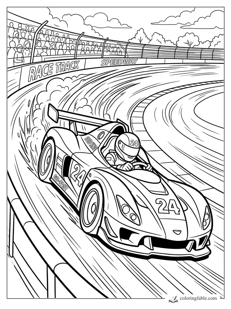 Cartoon race car 24 drifting on a speedway curve with smoke, grandstands, fence, and crowd.