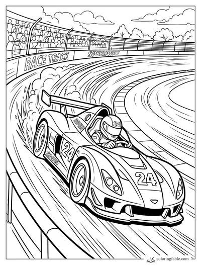Cartoon race car 24 drifting on a speedway curve with smoke, grandstands, fence, and crowd.