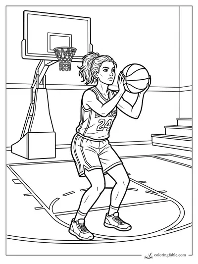 Girl basketball player in jersey 24 holds a ball at the free-throw line near a hoop and bleachers.