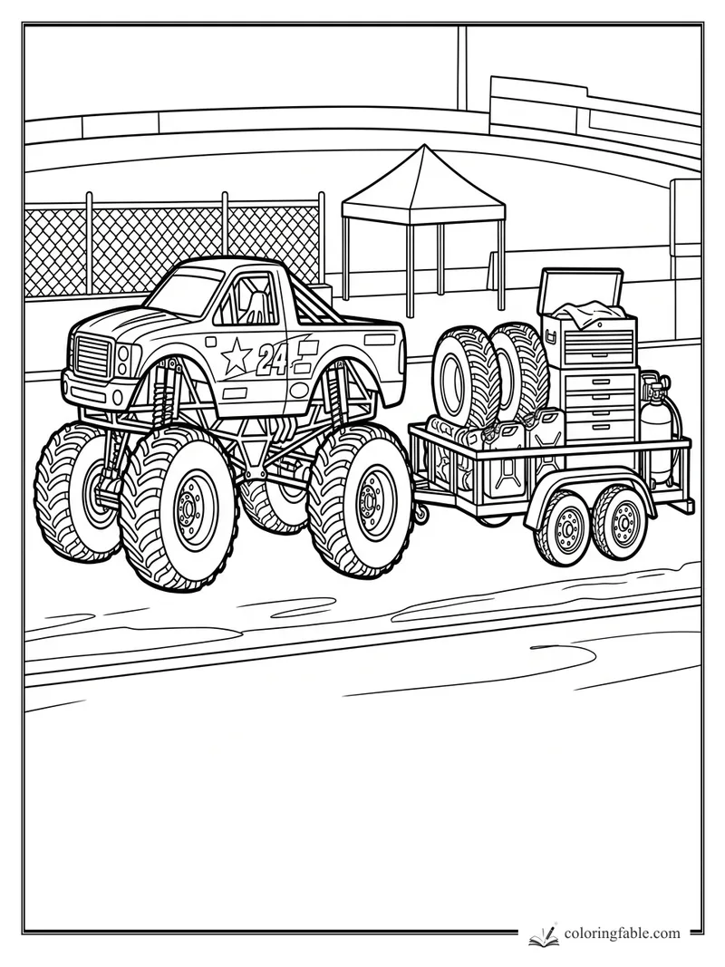 Number 24 monster truck towing a trailer with spare tires, fuel cans, tool drawers, and a pit canopy