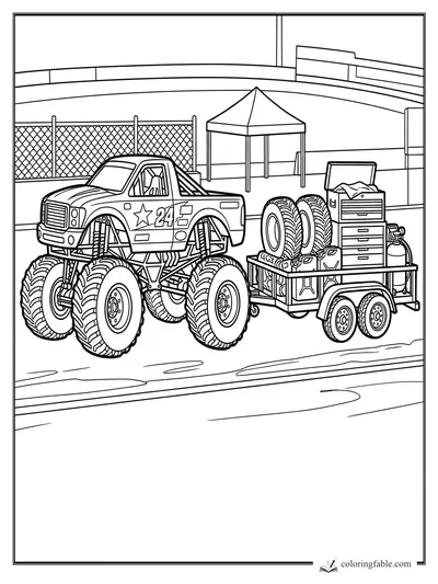 Number 24 monster truck towing a trailer with spare tires, fuel cans, tool drawers, and a pit canopy