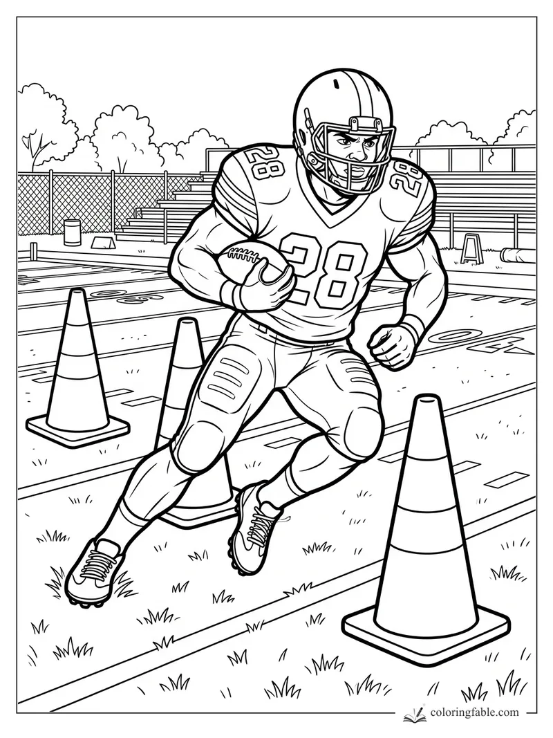 Football player number 28 runs with the ball through practice cones on a field with bleachers.