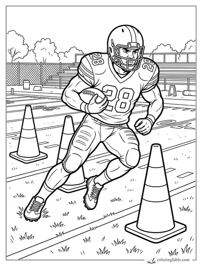 Football player number 28 runs with the ball through practice cones on a field with bleachers.