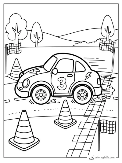 Cartoon number 3 sports car racing past cones, flags, trees, and a checkered track.