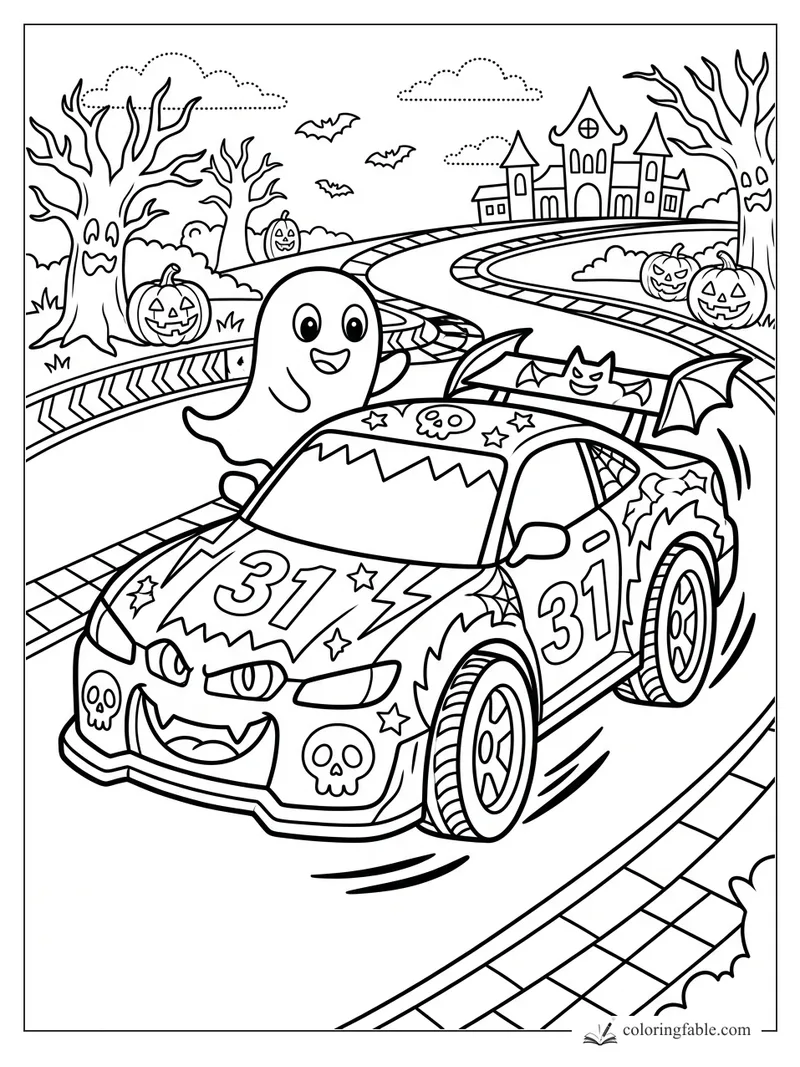 Cartoon number 31 race car on a spooky track with ghost, bats, pumpkins, and haunted castle