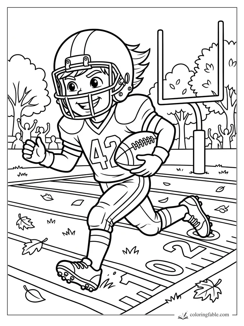 Cartoon boy football player number 42 running with the ball near a goalpost and cheering fans.