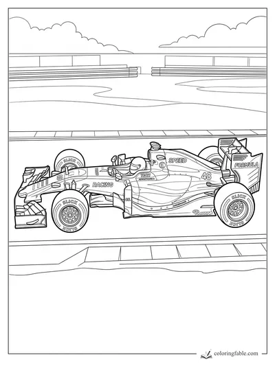 Realistic Formula race car number 48 with driver, slick tires, rear wing, grandstands, and clouds.