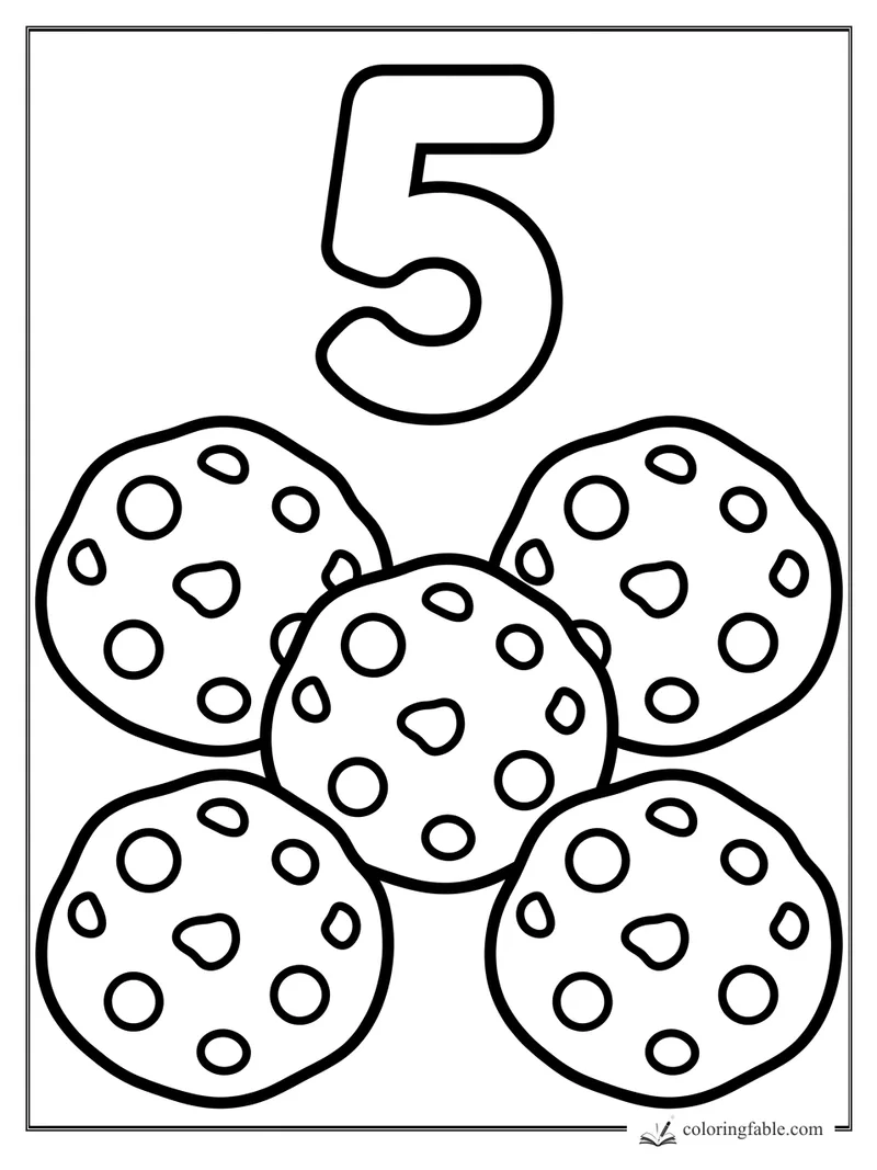 Bold number 5 above five round spotted cookies for toddler coloring