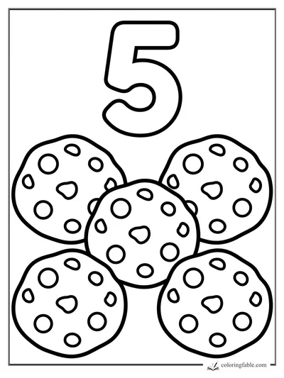 Bold number 5 above five round spotted cookies for toddler coloring