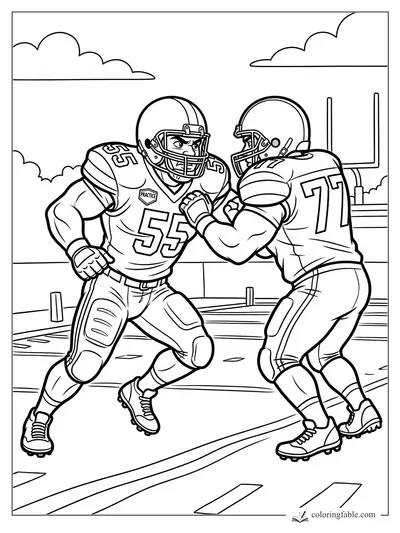 Cartoon football players number 55 and 77 blocking during practice near goalposts