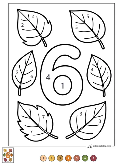 Number 6 with Six Falling Leaves — color by number