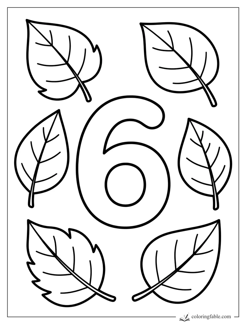Bold number 6 coloring page surrounded by six simple leaves with veins.