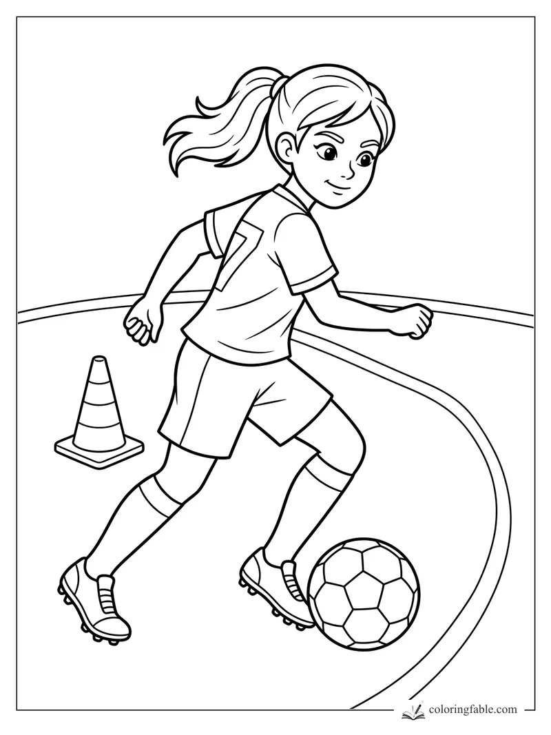Girl soccer player wearing number 7 dribbles a ball around a cone on a curved practice line.