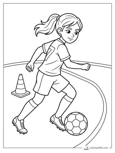 Girl soccer player wearing number 7 dribbles a ball around a cone on a curved practice line.