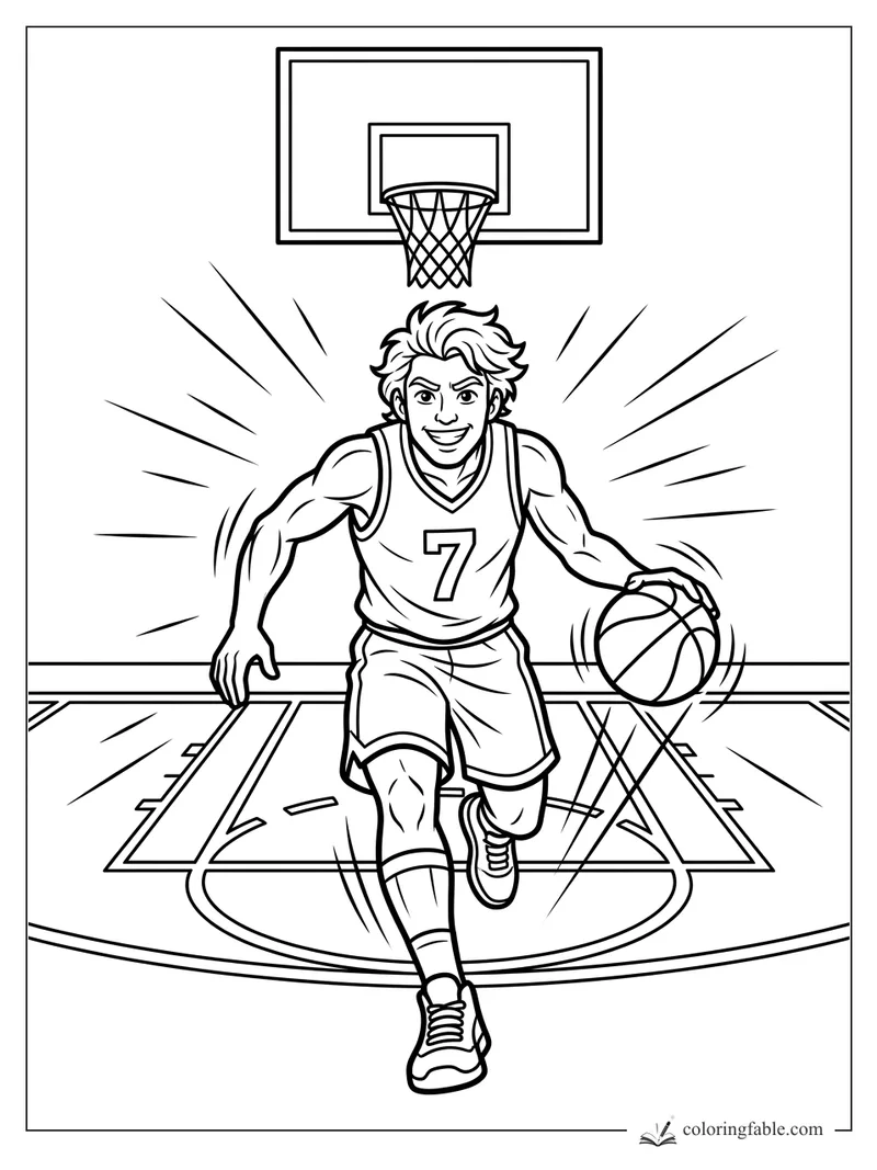 Cartoon basketball player in jersey 7 dribbling on a court under a hoop and backboard