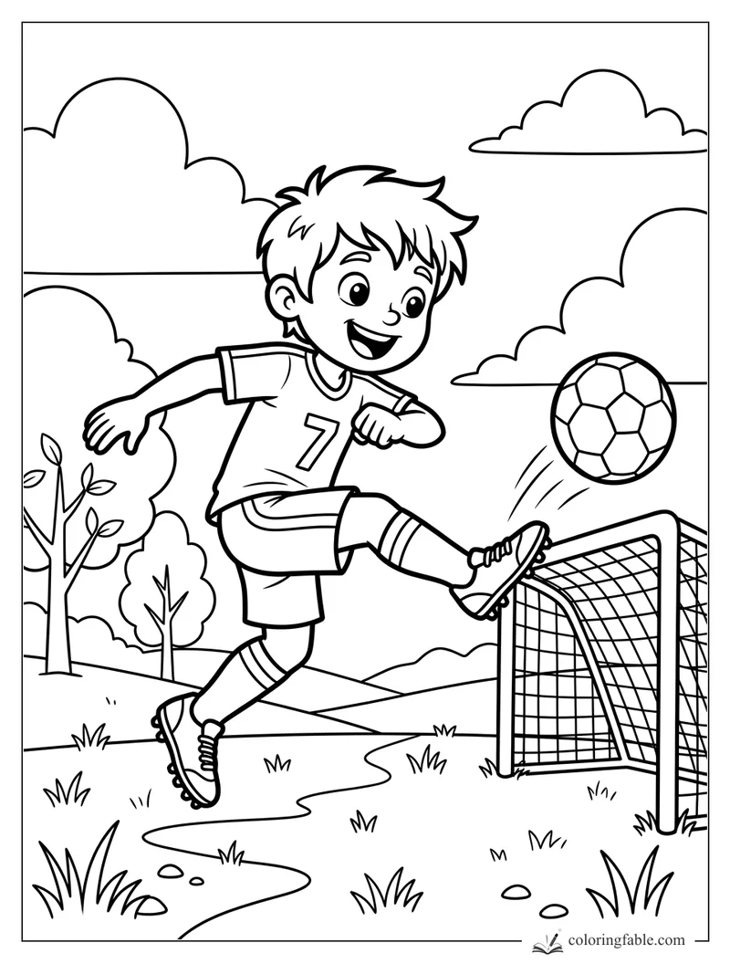 Cartoon boy in a number 7 soccer jersey kicking a ball by a small goal, trees, clouds, and grass.
