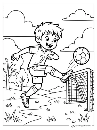 Cartoon boy in a number 7 soccer jersey kicking a ball by a small goal, trees, clouds, and grass.