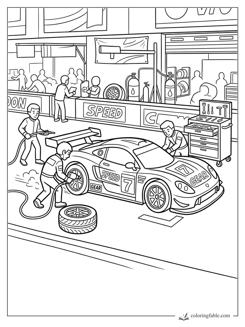 Cartoon number 7 race car in a pit garage with mechanics, hoses, tires, tools, and SPEED signs