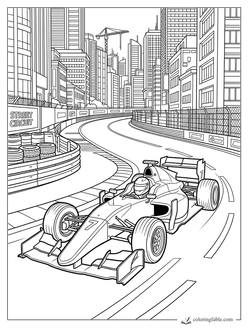 Number 7 Formula race car rounding a fenced city street circuit with skyscrapers, tire stacks, and a crane