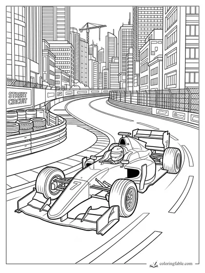 Number 7 Formula race car rounding a fenced city street circuit with skyscrapers, tire stacks, and a crane