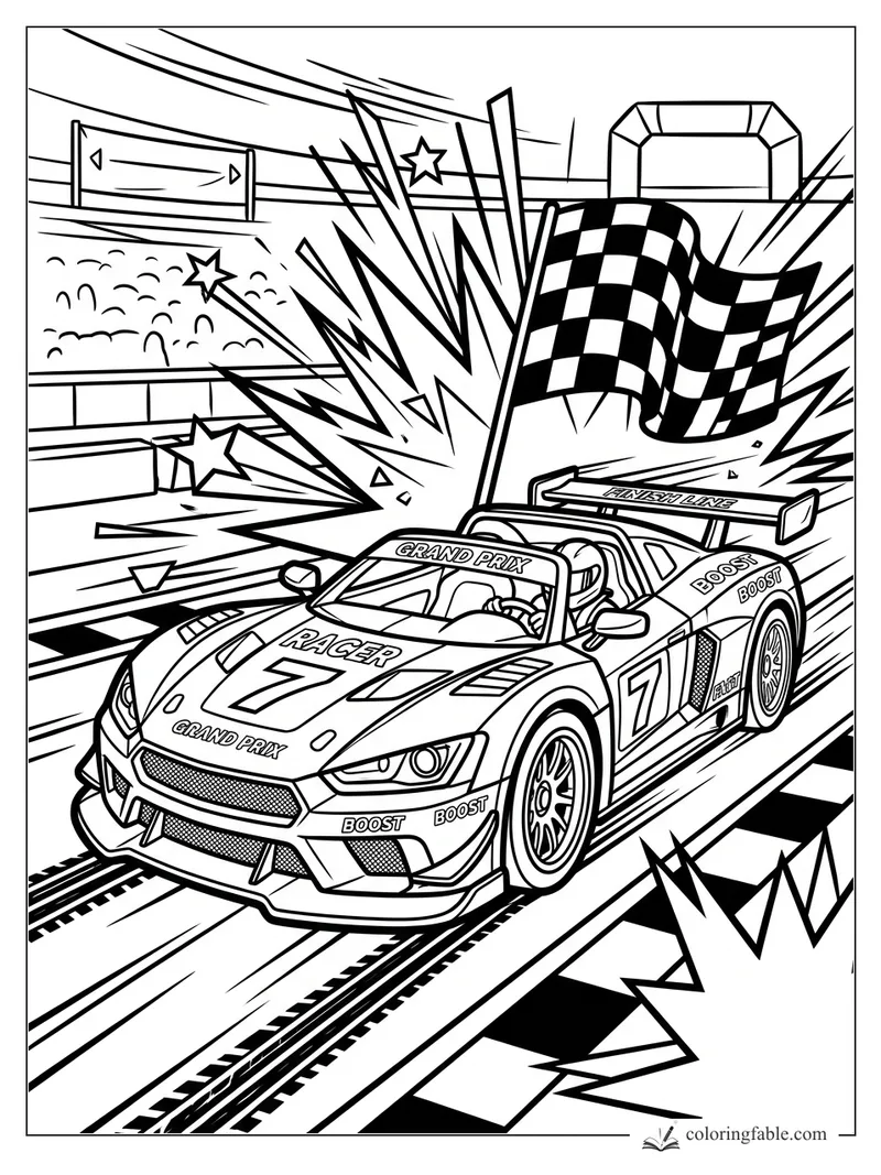Pop-art number 7 race car crossing the finish line under a waving checkered flag