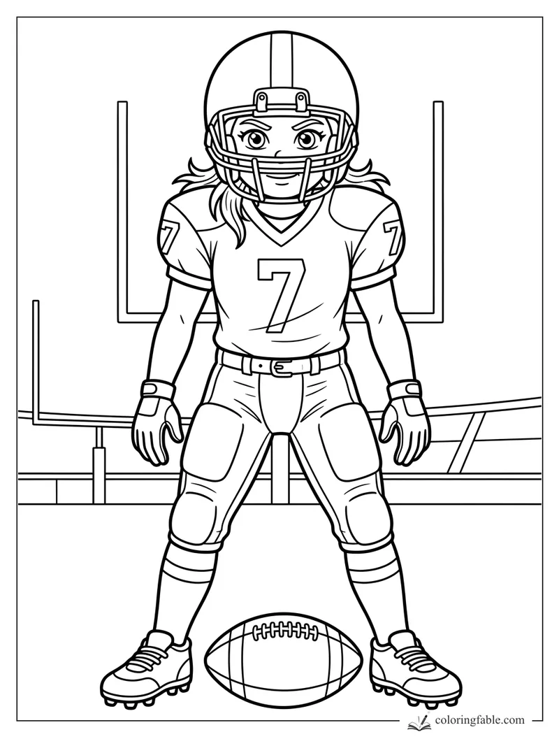 Girl football player number 7 crouches behind a football in front of a goalpost.