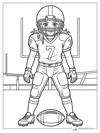 Girl football player number 7 crouches behind a football in front of a goalpost.