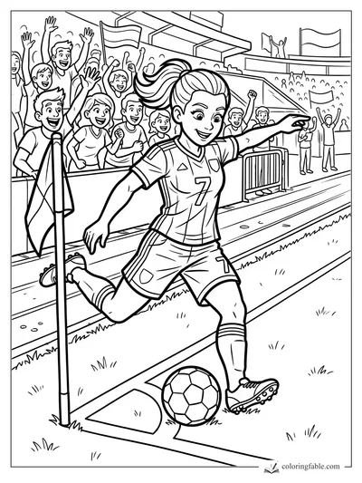 Cartoon soccer player number 7 dribbles by the corner flag as stadium fans cheer.