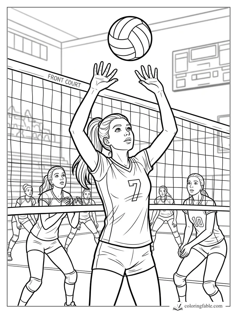 Volleyball player number 7 setting the ball by the front court net with teammates ready indoors