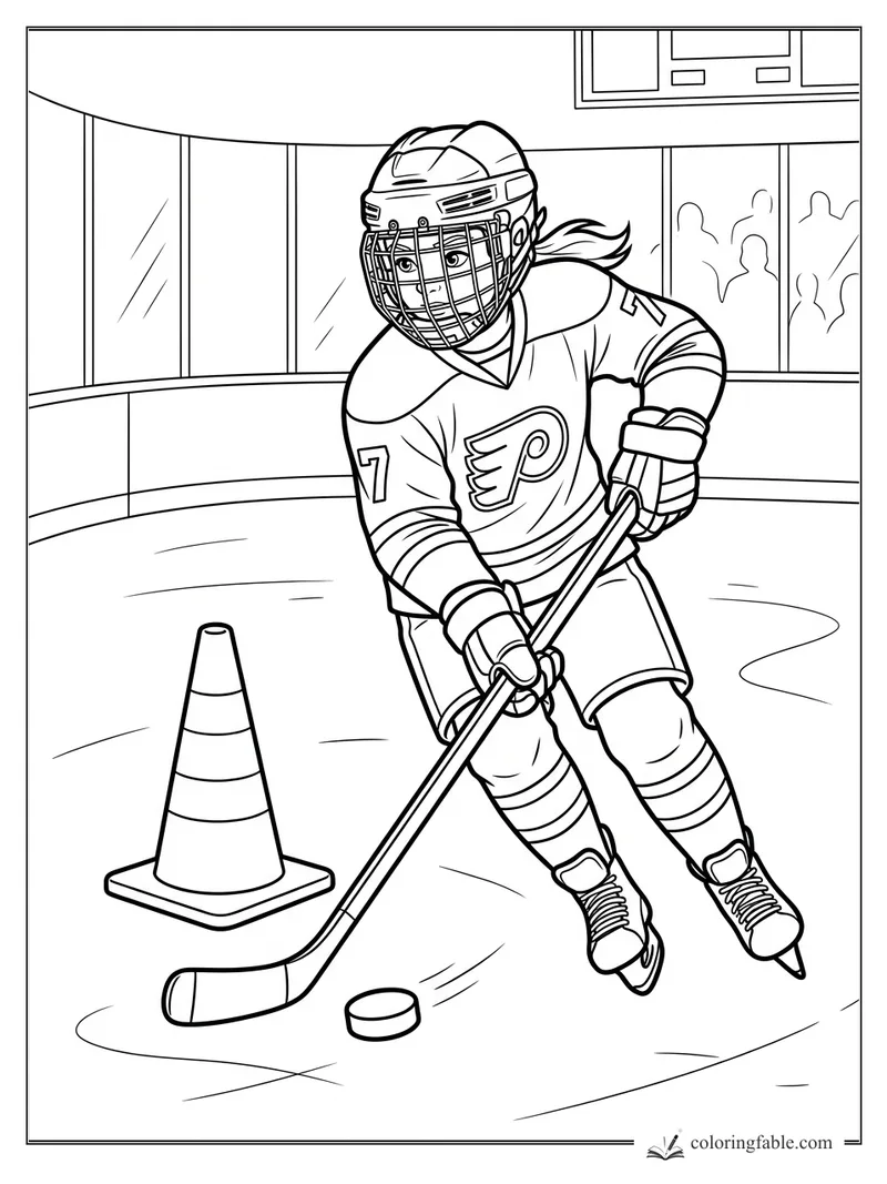 Realistic hockey player wearing number 7 stickhandles a puck around a striped cone on an indoor rink.