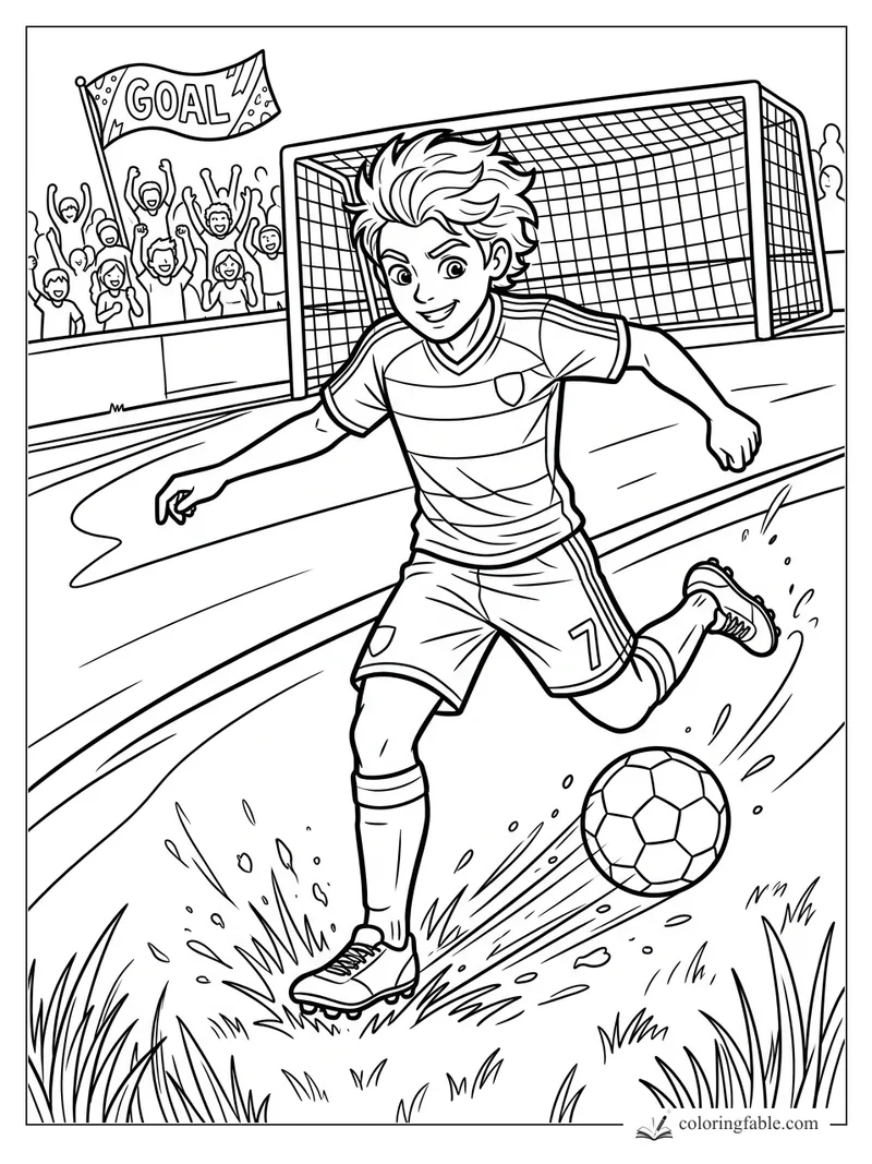 Soccer player number 7 dribbling near a goal, cheering fans, and a GOAL banner in the stands