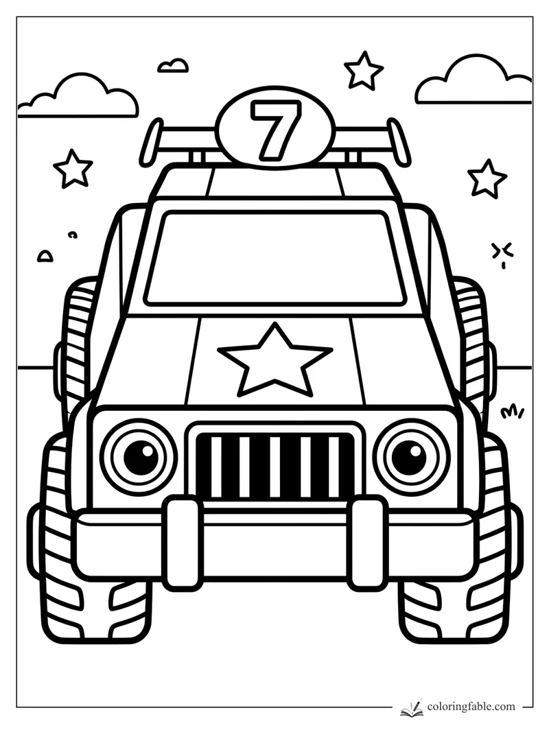 Bold race car coloring page with number 7 roof sign, hood star, chunky tires, clouds, and stars.
