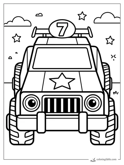 Bold race car coloring page with number 7 roof sign, hood star, chunky tires, clouds, and stars.