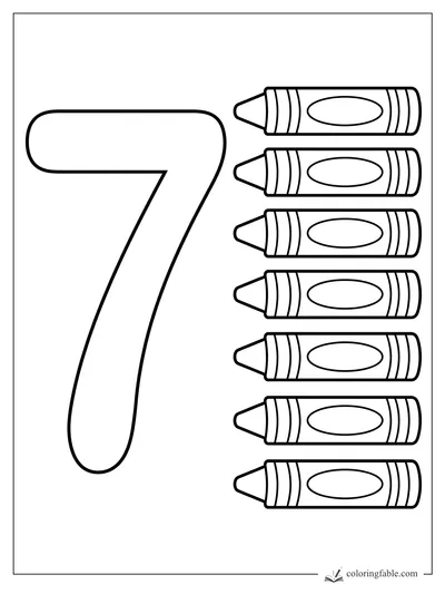 Number 7 coloring page with seven crayons lined up beside the large numeral.