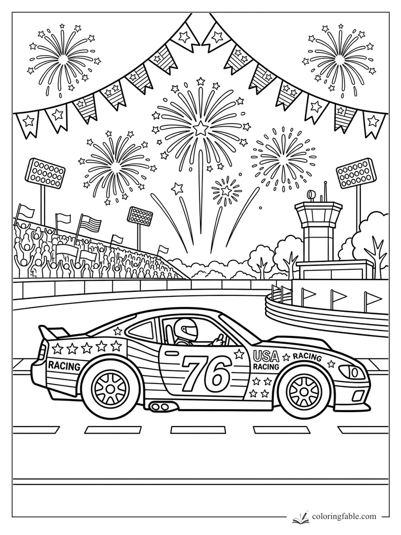 Number 76 USA racing car passing grandstands, flags, bunting, fireworks, and a control tower