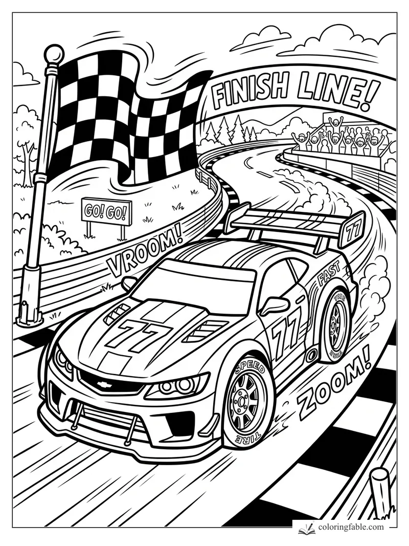Cartoon number 77 race car speeding under a finish line banner with checkered flag and cheering crowd