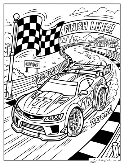 Cartoon number 77 race car speeding under a finish line banner with checkered flag and cheering crowd