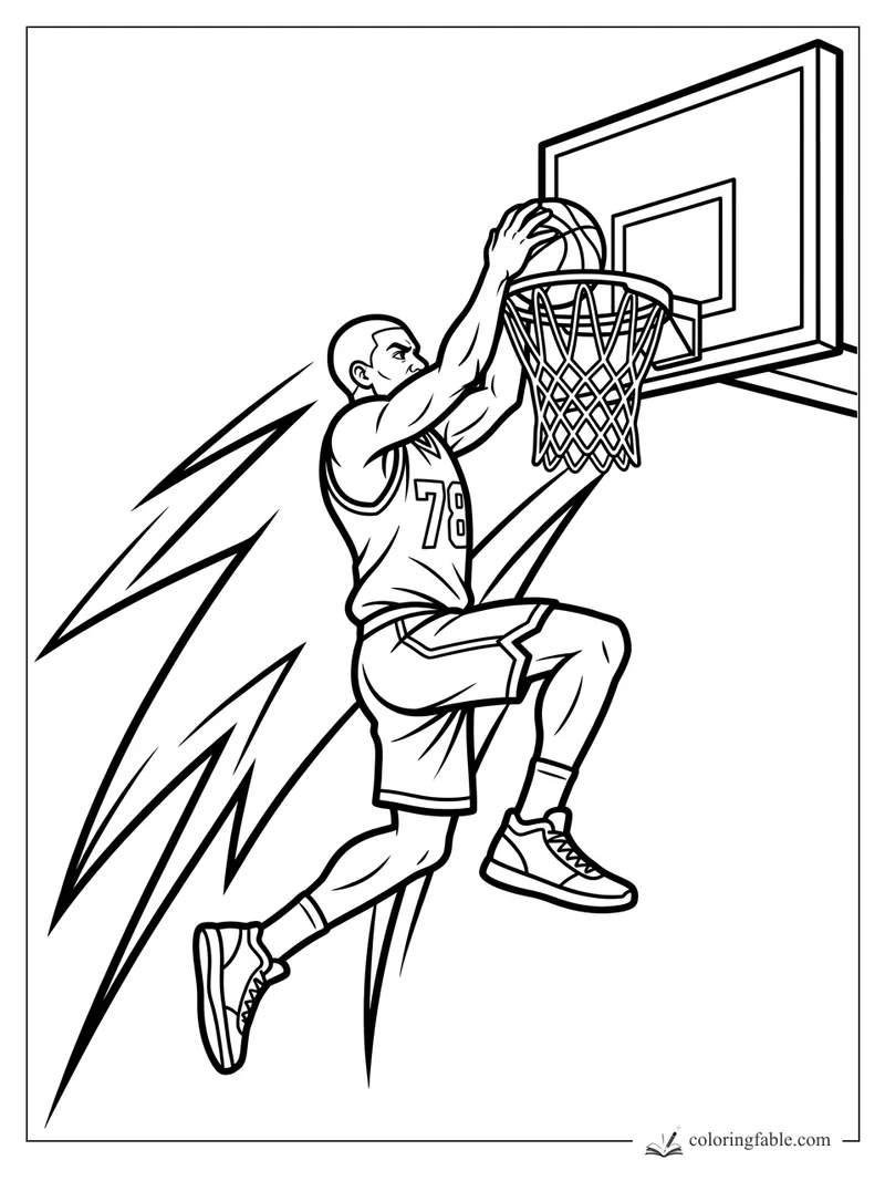 Cartoon basketball player in jersey 78 dunking with speed streaks behind him